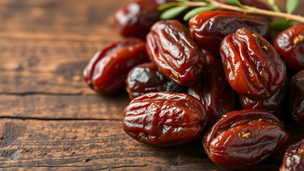 Fototapeta premium Tasty dried dates on wooden table, closeup. Space for text. Generative AI