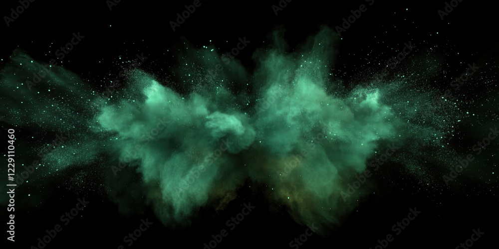Poster green powder explosion creating ethereal cloud effect with particles and mist against black backgrou