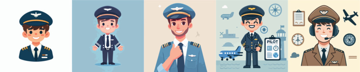 Set of smiling pilot character vectors