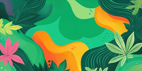 Obraz premium Vibrant Abstract Tropical Leaves Design with Green, Orange, and Pink Color Palette, Fluid Shapes and Textures