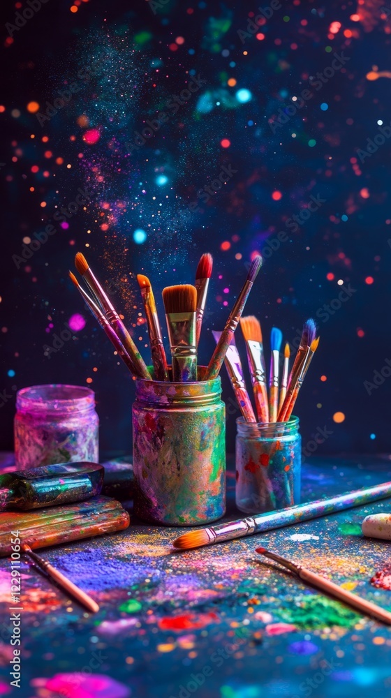 Poster a jar of paint with a brush in it. there are many other jars of paint and brushes on the table