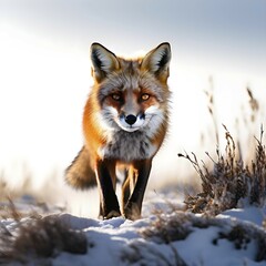 Obraz premium Red fox mid hunt front view on snow, AI generated