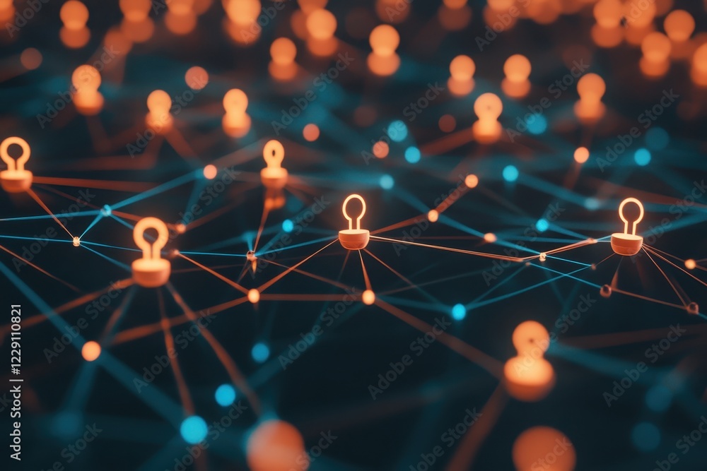 Poster exploring a network of connections illustrated with key icons over a vibrant background, network of 