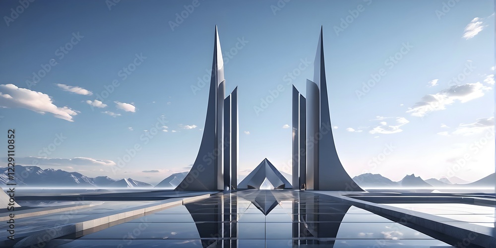 Poster minimalistic grey colored architecture in geometric adorned structures against a surreal backdrop, a