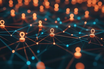 Exploring a network of connections illustrated with key icons over a vibrant background, network of connections with key icon over diverse business people in office