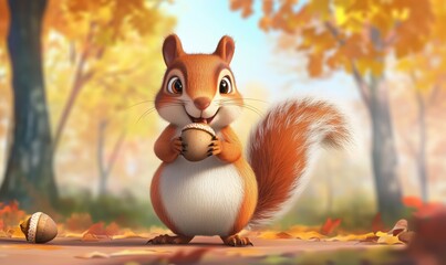 Cute cartoon squirrel holding acorn in autumn forest, vibrant colors, playful expression, surrounded by falling leaves