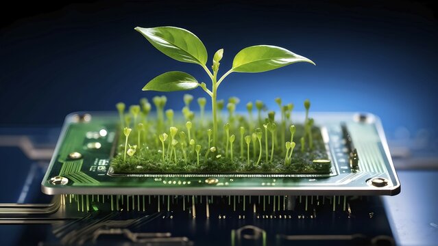 Plant growing on a computer chip representing digital ecology business, AI generated