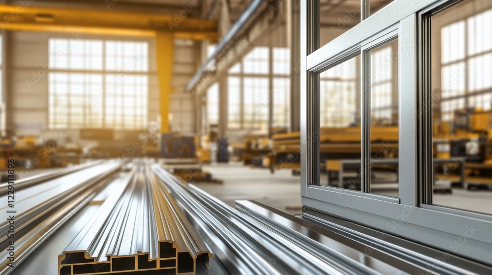 Poster a factory floor with automated machinery assembling aluminum window frames for mass production.