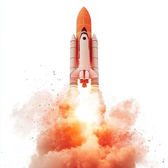 A red rocket blasting off into the sky, with flames and smoke trailing behind