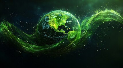 Earth wrapped in a green eco-protection symbol, with messages of anti-pollution and worldwide efforts to save the planet from environmental harm.