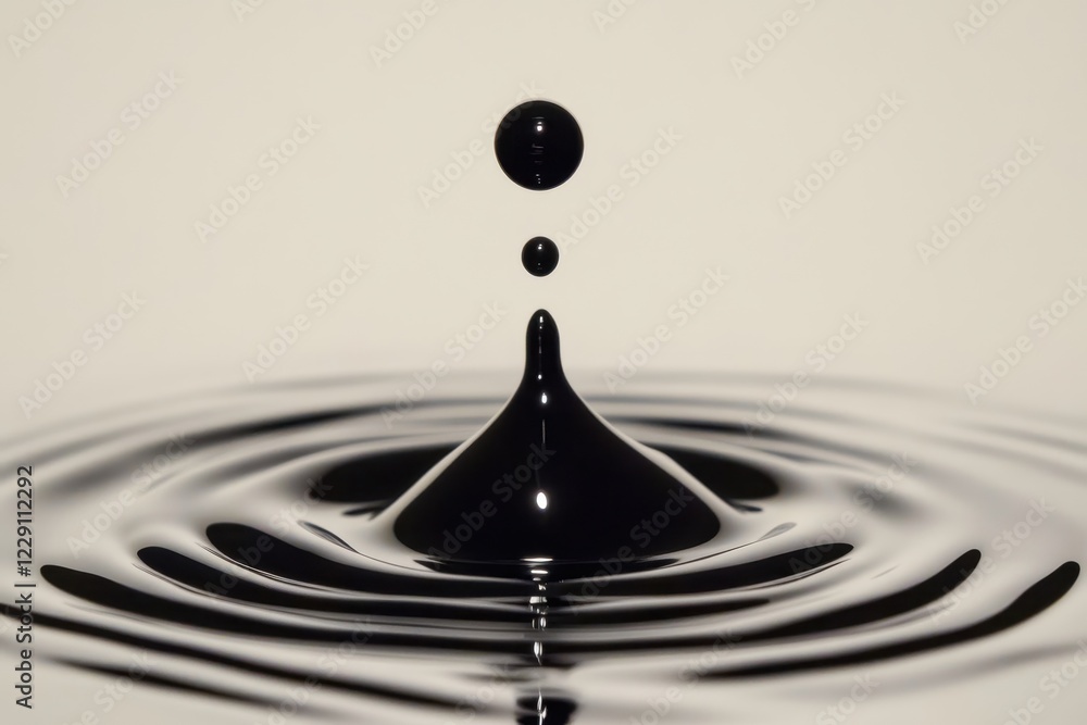Poster ink droplet expands in circular form creating ripples across a smooth surface, a drop of ink slowly 