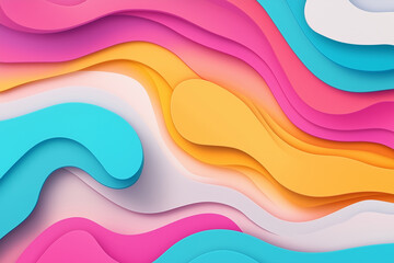 Vibrant abstract design featuring layered wavy shapes in bright colors such as pink, orange, yellow, blue, and white, concept of graphic design, branding, and creative advertising