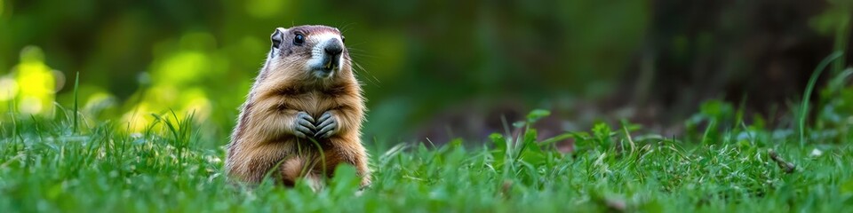 A small mammal stands upright in green grass, with alert expression