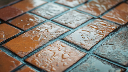 Naklejka premium Wet tiles on terrace create serene atmosphere on rainy day, showcasing beauty of nature elements. reflections and textures add depth to scene