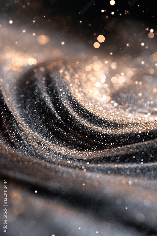 Poster elegant sequins create a captivating swirl pattern, shimmering and glimmering against a dark backdro