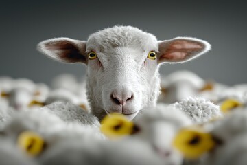 Obraz premium Close-Up Portrait of Sheep among Flock with Yellow Flowers in Background for Farm and Nature Themes