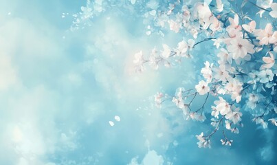 Cherry Blossom Branches Against Soft Blue Background, Delicate Floral Design, Spring Aesthetic, Light and Airy Atmosphere