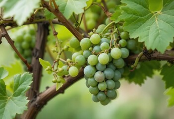 A close-up of young green grape vines with grape blossoms