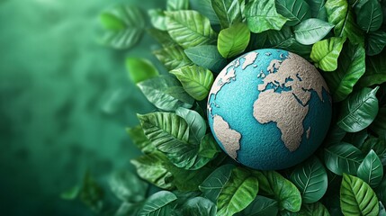 Global ecology protection campaign symbol, with Earth surrounded by green leaves, anti-pollution message, and a call for sustainable environmental care.