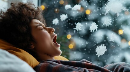 A person yawning with snowflakes gently falling, wearing warm flannel pajamas, and cozy indoors with a blurred festive winter background and warm lighting