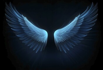 Glowing blue wings with detailed feathers on a black background, AI generated