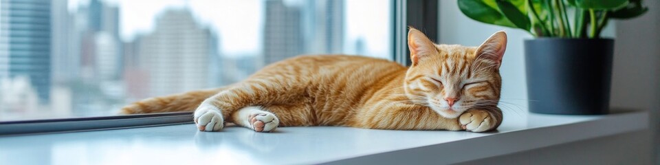 A cat is relaxing on a window sill with a potted plant nearby
