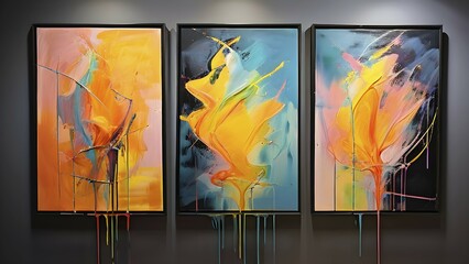 Trio of abstract hand painted oil paintings with vibrant color lines for wall decoration, AI generated