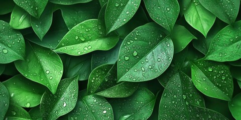 Fototapeta premium Lush Green Leaves with Water Droplets, Close-Up View of Nature's Beauty, Vibrant Textures and Shades of Green, Freshness and Vitality