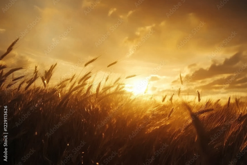 Poster Wheat field under a stunning sunset with dynamic cloud formations in the sky, Wheat field against beautiful timelapse sunset, camera fly