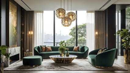 Luxury living room in a modern concept design with green sofa, AI generated
