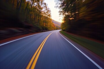 Autumn driving through the winding roads of Blue Ridge Parkway with vibrant foliage and golden sunlight, Autumn POV driving time-lapse of the Blue Ridge Parkway through North Carolina at sunset