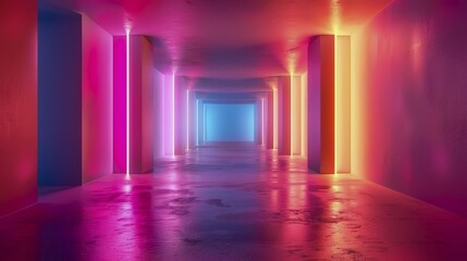 A neon-lit corridor with vibrant pink, blue, and orange hues reflecting off the floor, creating a futuristic ambiance, AI generated