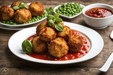 Fototapeta premium Crispy arancini risotto balls encasing molten mozzarella and green peas, AI generated