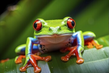 Obraz premium Red eyed tree frog lounging atop a tropical leaf, AI generated
