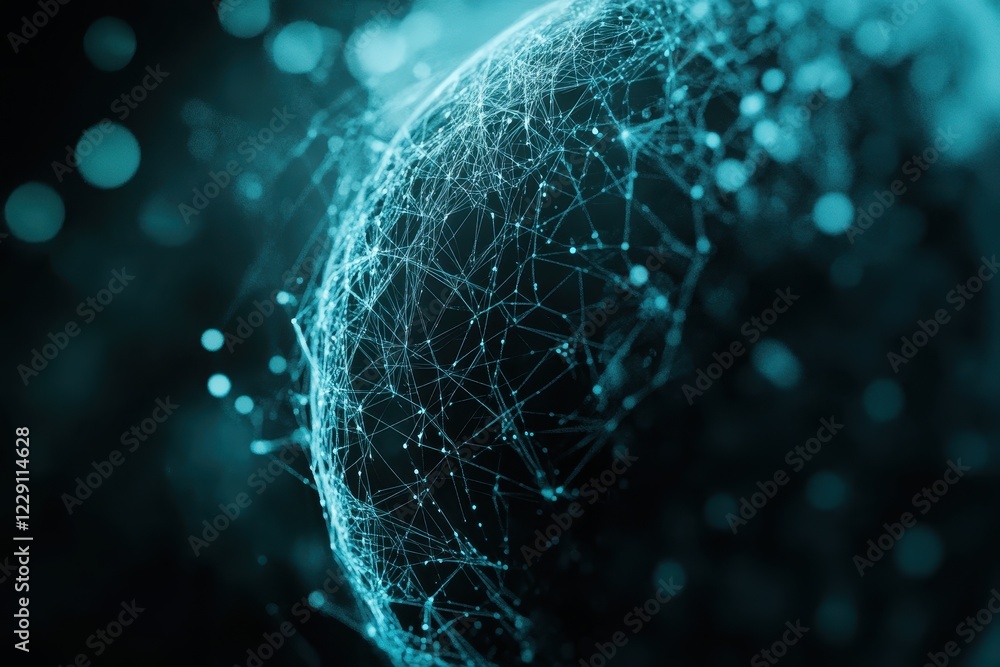 Poster digital rendering of planet with intricate plexus network in blue tones showcasing a futuristic aest