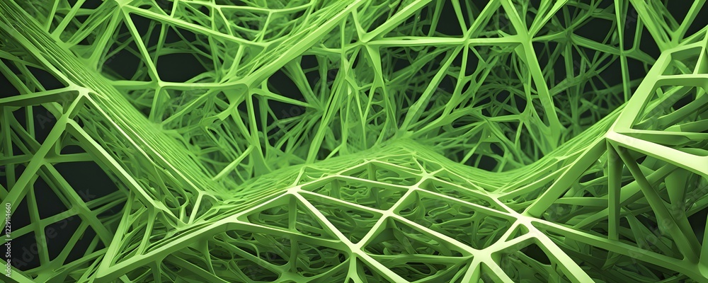 Poster abstract rendering of organic grid structure in a complex pattern in green color, ai generated