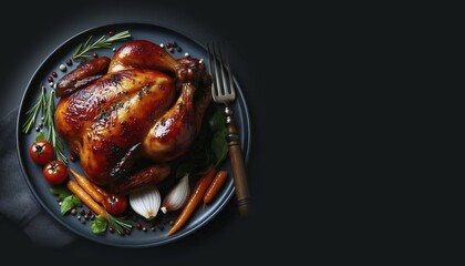 A roasted whole chicken served in a plate to eat in a restaurant, AI generated