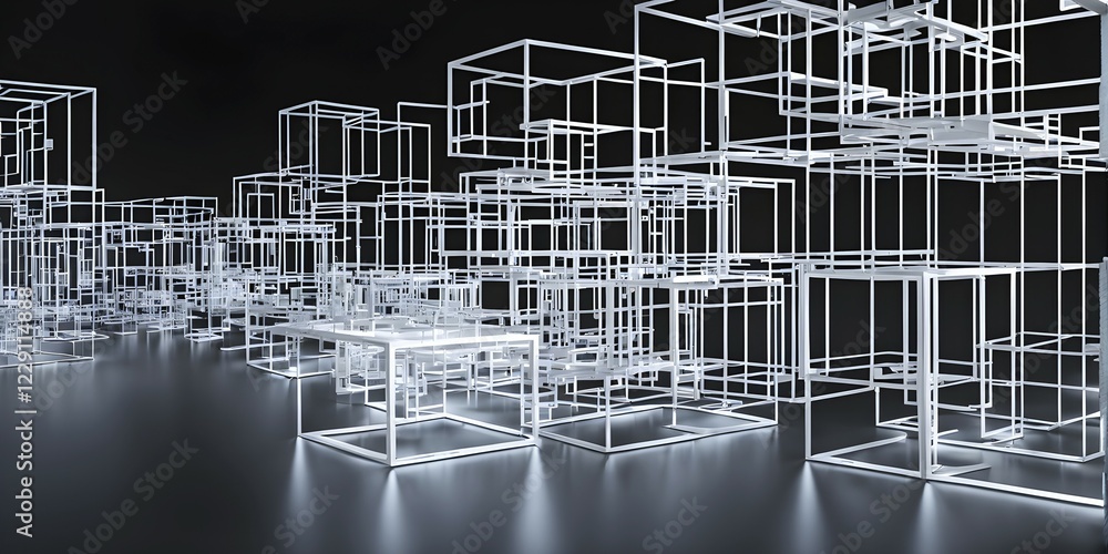 Poster 3d render of a cluster of interconnected geometric cubes forming a complex network, ai generated