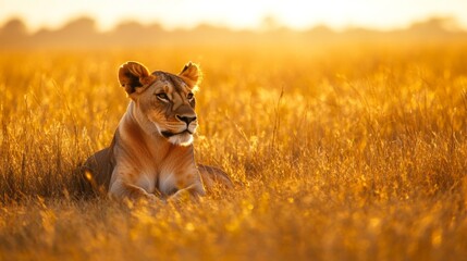 Majestic Lioness in Golden Savanna