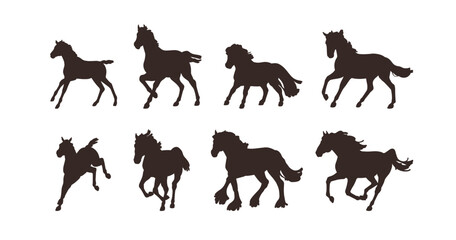 Horses in movement, silhouettes set. Galloping, running, trotting and walking. Stallions in action, dynamic poses. Equine figures, black shades. Flat vector illustration isolated on white background