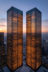 Skyline view of illuminated skyscrapers at dusk showcasing urban architecture and reflective glass surfaces