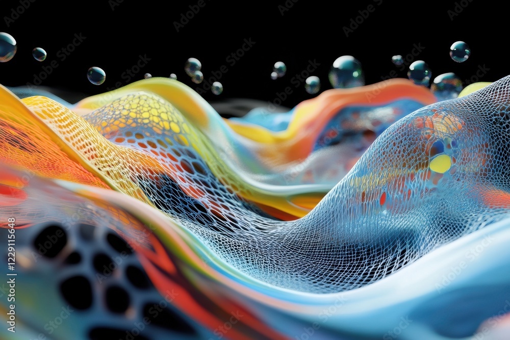 Leinwandbilder colorful abstract shapes and blobs move over a dynamic mesh landscape creating a stunning visual exp