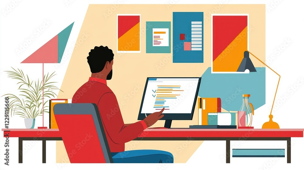 Poster man working at computer in modern office