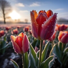 Naklejka premium Tulip field on a frosty morning delicate petals encapsulated in fine ice embodying springs, AI generated
