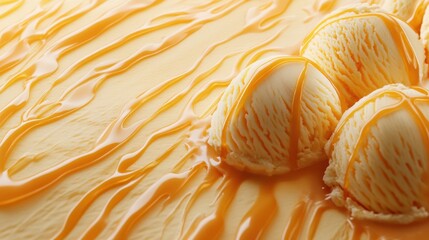 Creamy ice cream scoops drizzled with caramel on a smooth surface.