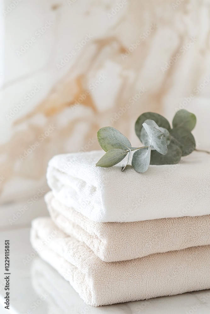 Poster a neatly arranged stack of soft beige and white towels rests on a smooth marble countertop. a sprig 