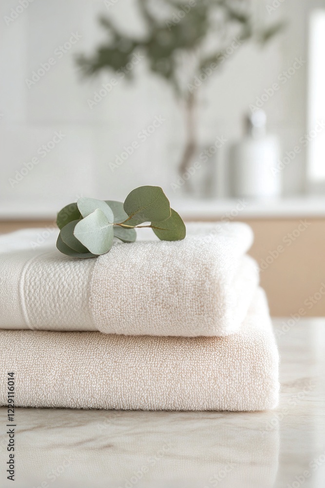 Poster a neatly folded stack of soft beige and white towels rests on a marble countertop adorned with a spr