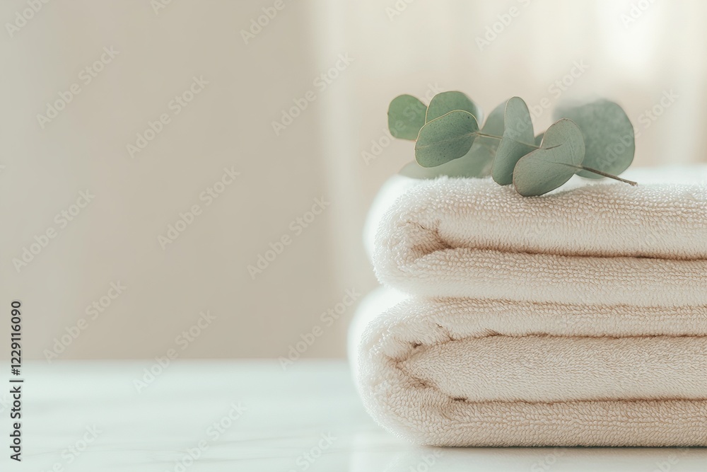 Poster a stack of soft beige towels folded elegantly sits on a smooth surface, adorned with a delicate euca