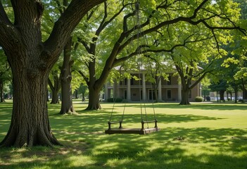 A peaceful path lined with old trees in a park, with a wooden swing in the background.