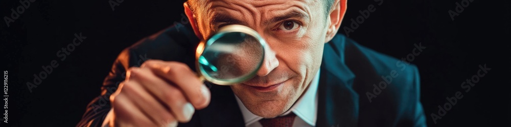 Poster a person inspecting something closely using a magnifying glass, possibly for investigation or observ